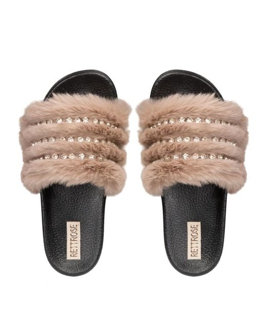 Rettrose Multicolor Anita Mink Luxury Plush Diamanté Embellished Handmade Sliders