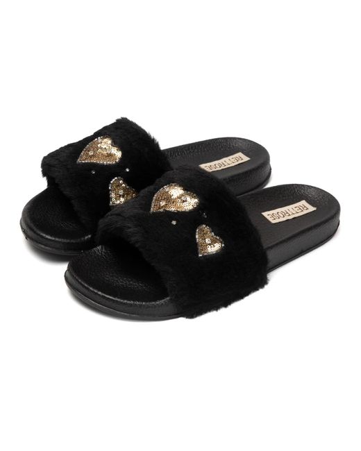 Rettrose Black Ella Luxury Plush Diamanté Embellished Handmade Sliders