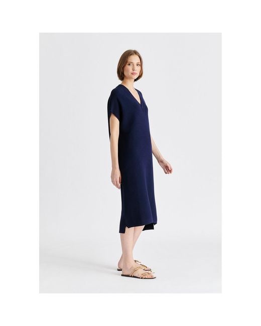 Paisie Blue V-Neck Sleeveless Ribbed Jumper Dress