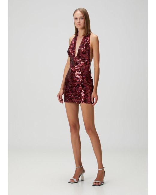 Pcfg Red Sequin Neck Tie Dress With Side Slit