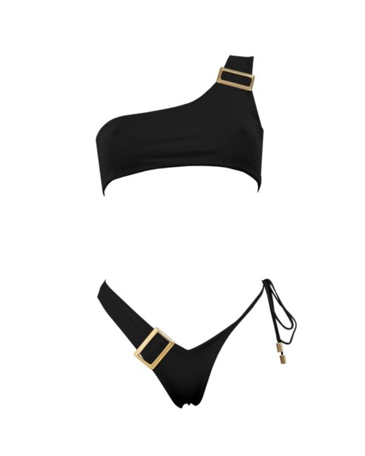 ANTONINIAS Black Dulcet One-shoulder Bikini Top With Golden Buckle In