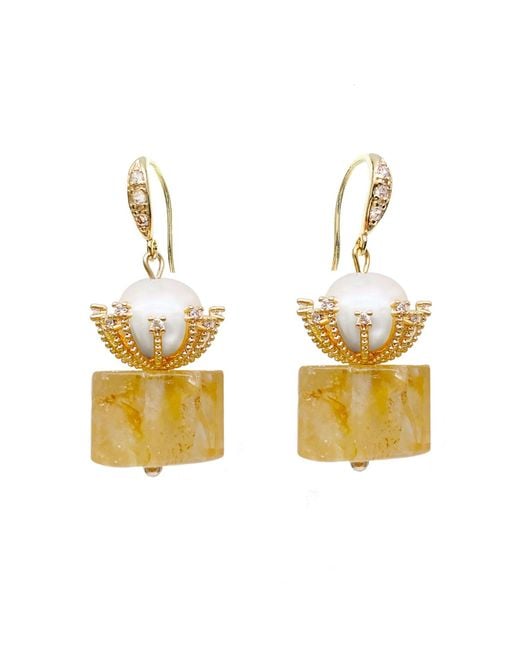 Farra Metallic Cylinder Shaped Citrine With Freshwater Pearl Dangle Earrings