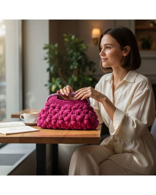 Springmoonatelier Purple Handmade Fuchsia Velvet Crochet Designer Bag – A Unique And Statement-Made Piece