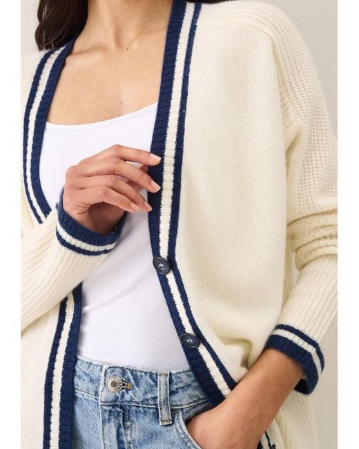 Loop Cashmere White Striped Tipped V Neck Lofty Cardigan