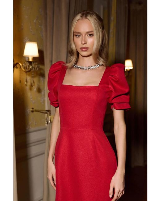 POST MERIDIEM Red Godet Silhouette Square Neck Midi Dress