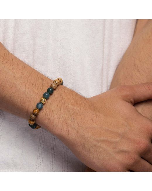 Nialaya Metallic Wristband With Jasper, Lava Stone, Matte Aquatic Agate And Gold for men
