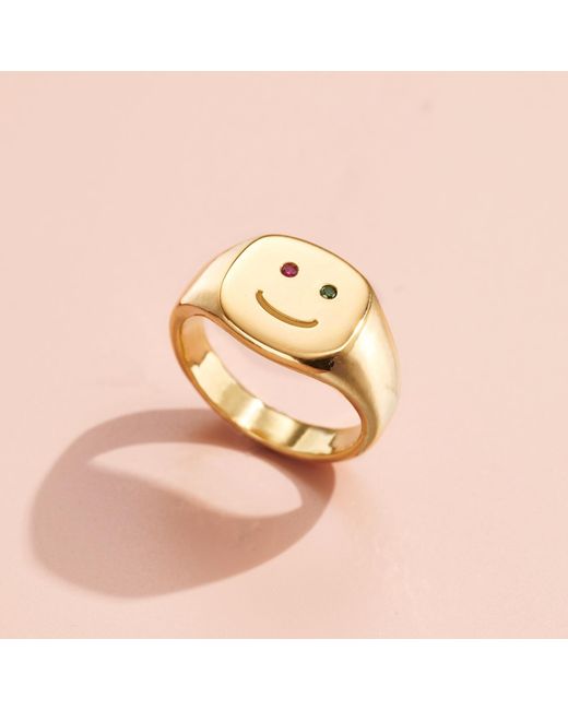 Posh Totty Designs Metallic Gold Plated Emerald And Ruby Smiley Face Signet Ring