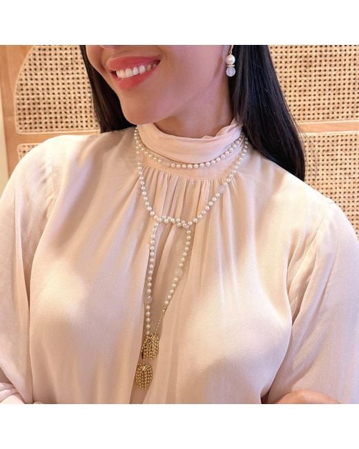 Farra Metallic Freshwater Pearl And Agate With Tassel Open End Long Necklace