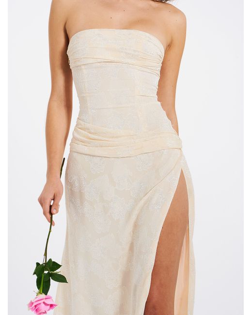 Miss Circle New York White Neutrals Xatia Off Jacquard Textured High Slit Maxi Dress
