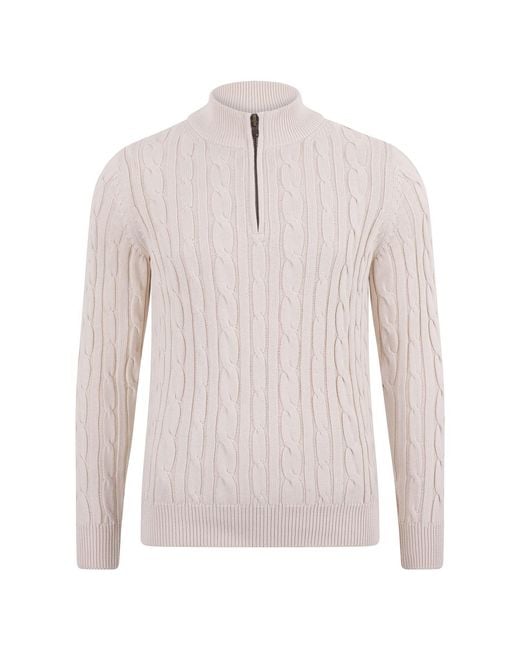 Paul James Knitwear Natural Neutrals Midweight Romano Cotton Cable Zip Neck Jumper for men