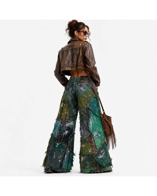 Zasta Studio Green Wearable Ruins Shredded Wide Leg Colored Denim Pants B