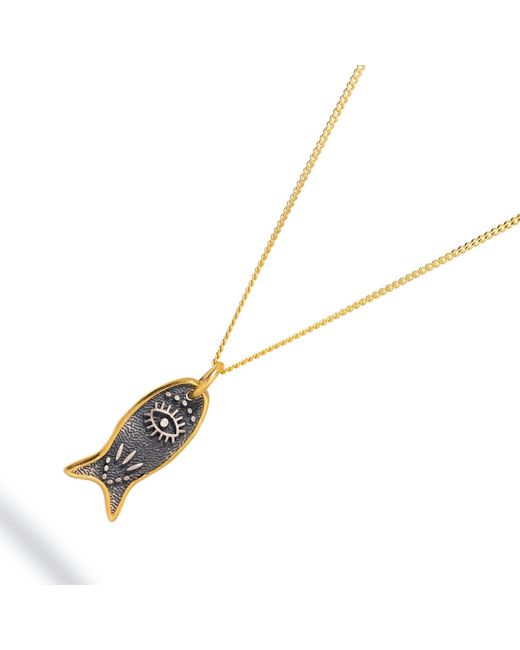 Ebru Jewelry Metallic Lucky Fish & Evil Eye Symbol Sterling Chain Necklace