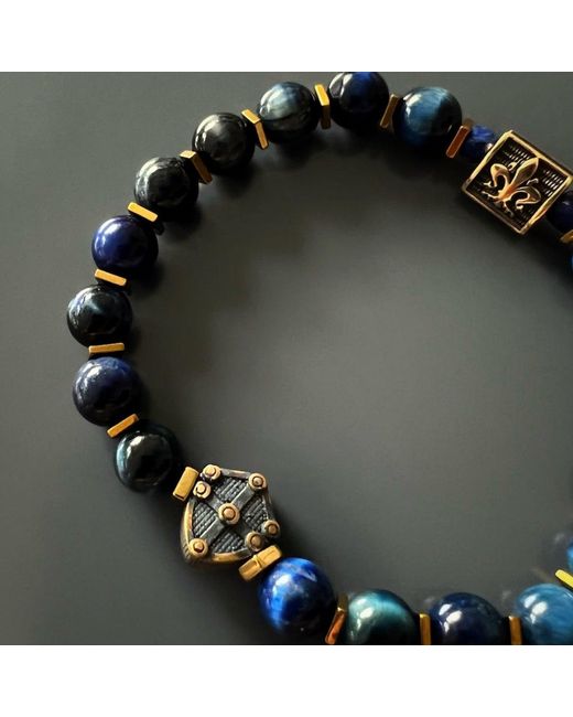 Ebru Jewelry Blue Tiger Eye Stone Shield Charm Beaded Bracelet for men
