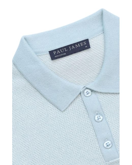 Paul James Knitwear Blue Lightweight Cotton Pietro Two Tone Textured Polo Shirt for men