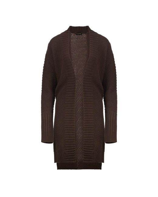 Conquista Brown Under The Knee Length Open Front Knit Cardigan