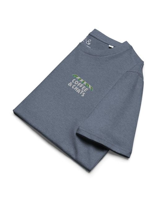 Anchor and Crew Blue Dark Heather Gustatory Coffee & Chats Organic Cotton Embroidered T-Shirt