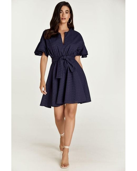 Conquista Blue Dark Embroidered Dress With Ruffle Sleeves