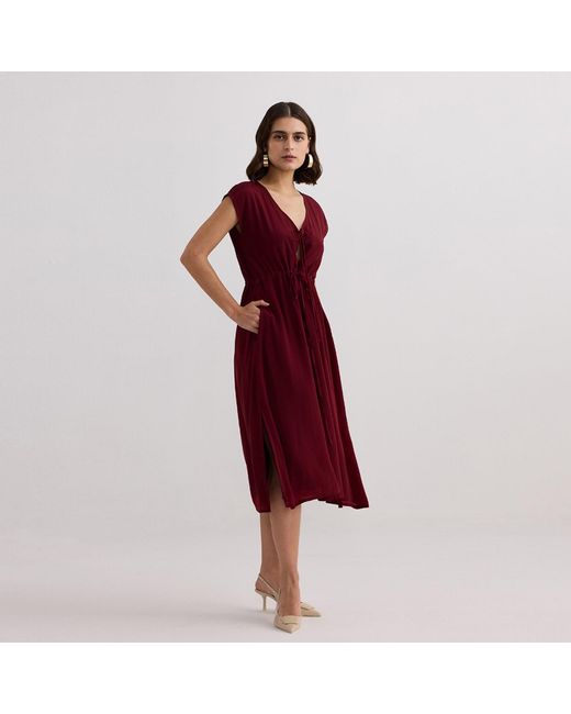 REISTOR Deep V-Neck Gathered Crepe Dress