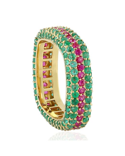 Artisan Green Solid Yellow Gold Natural Emerald Ruby Band Ring Handmade Jewelry