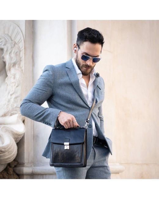 Time Resistance Blue Small Leather Briefcase for men
