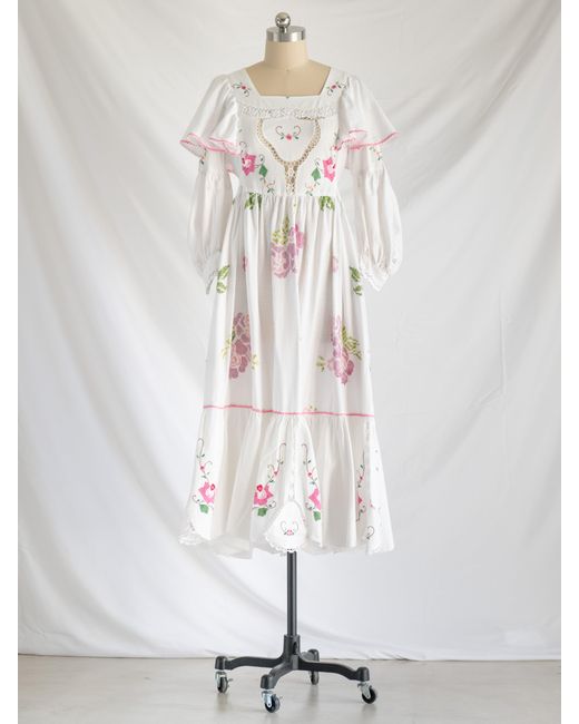 Sugar Cream Vintage White Re-design Upcycled Cotton Rose Cloth Patch Embroidery Maxi Dress