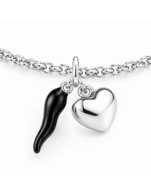 Unaloe Metallic Sterling Cornicello & Heart Charm Bracelet – Enamel Italian Good Luck Jewelry, Handmade Lucky Talisman