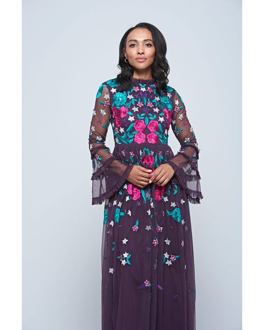 Frock and Frill Fenella Floral Embroidered Maxi Dress in Purple | Lyst