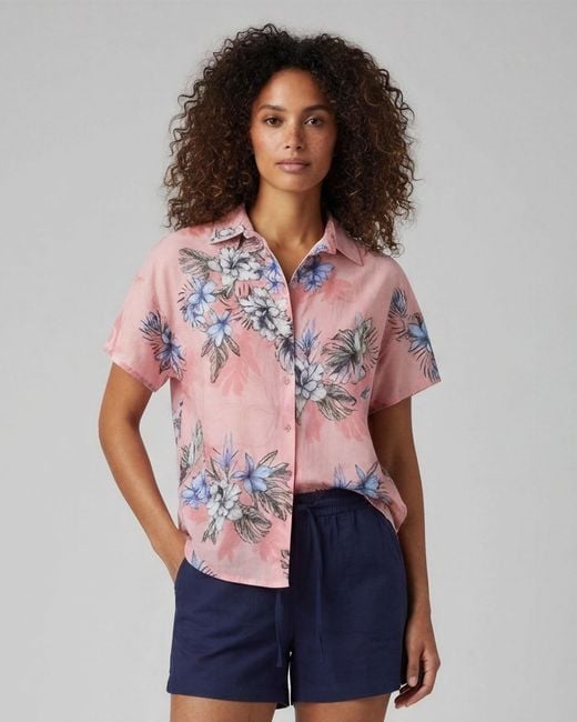 Lords of Harlech Pink Lara Exotic Floral Coral Linen Printed Shirt