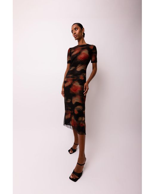 Amy Lynn White Lisbon Rhinestone Embellished Abstract Mesh Midi Dress