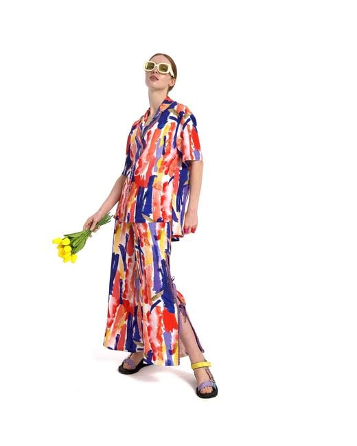 Lalipop Design Blue Abstract Printed Linen Shirt With Hand-Embroidered Detail