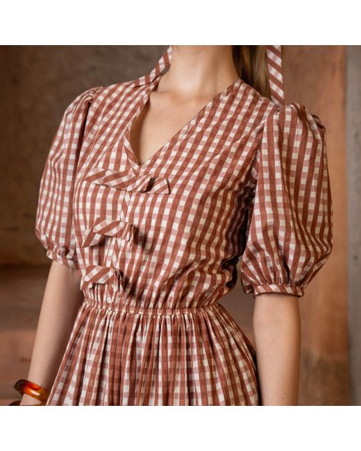 Echo of Pink Red Charlotte Gingham Hand Block Print Cotton Midi Dress