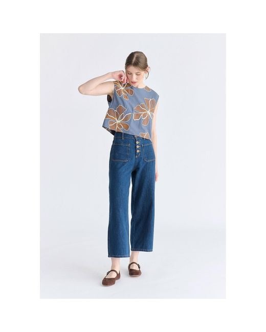 Paisie Blue Floral Embroidered Cropped Top