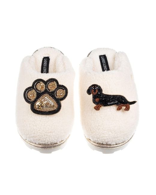 Laines London Natural Neutrals Teddy Closed Toe Slippers With Paw & & Tan Dachshund Brooches