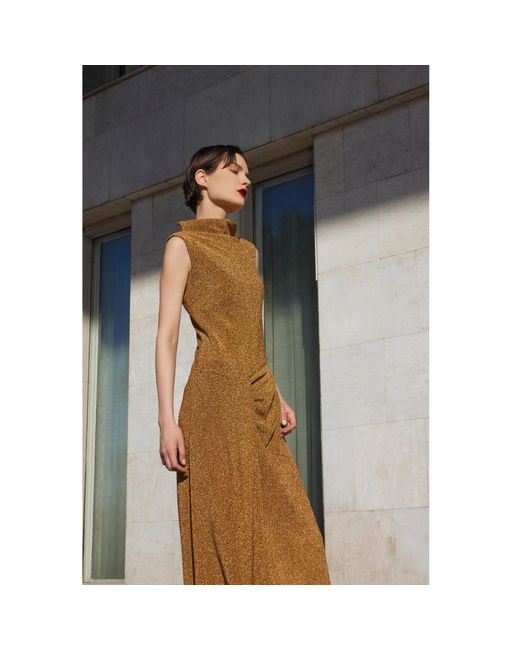 Julia Allert Brown Evening Metallic Knit Sleeveless Long Dress