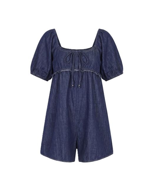 Modenaire Blue Puff Sleeve Romper Sculpted Waist