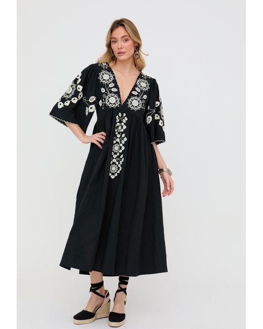 Raffya Black Arianna V- Neck Embroidered Maxi Dress