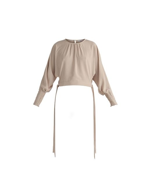 Paisie White Neutrals Waist Tie Top With Shirred Cuffs