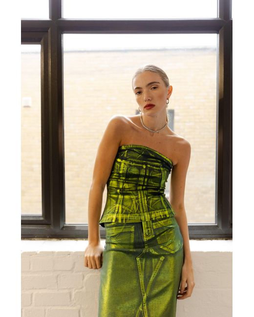 Amy Lynn Green Clara Denim Foil Coated Midi Skirt