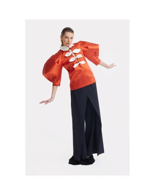 Julia Allert Orange Taffeta Deep V-Neck Blouse With Satin Floral Detail – Terracotta