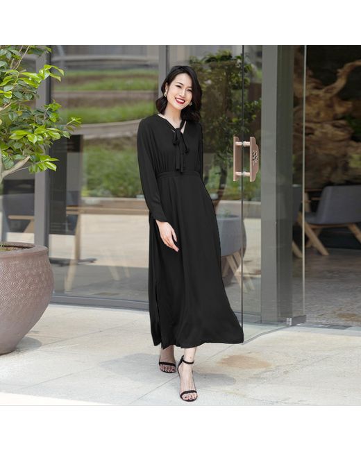 Smart and Joy Black V-Neckline Long Blouse-Dress