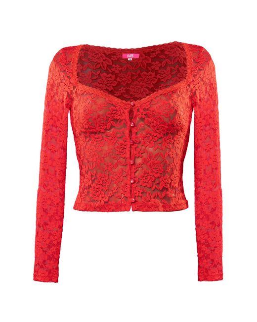 Elsie & Fred Red Sonja Lace Sheer Long Sleeve Button Top