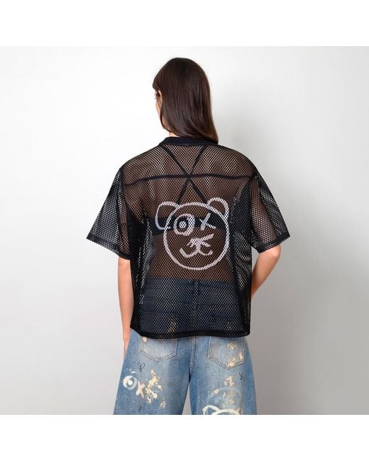 X Ilona Blue Black Graffiti Teddy Bear Sheer Mesh T Shirt