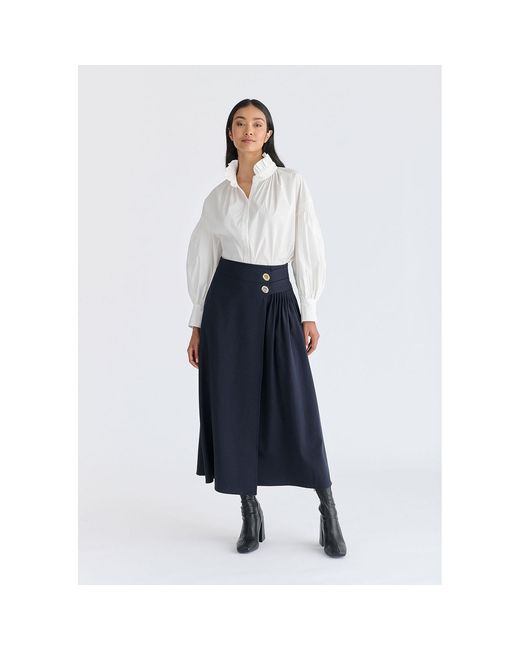 Paisie Blue Wrap Midi Skirt With Pleated Detail