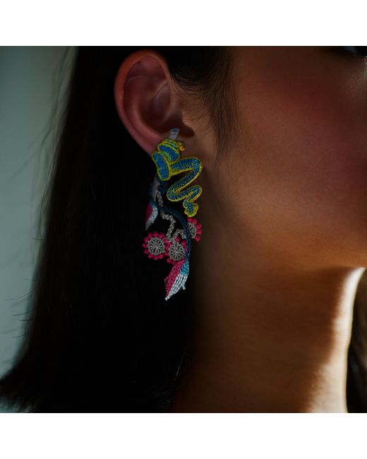 Nana Watanabe Blue Garden Snake Floral Embroidered Earrings