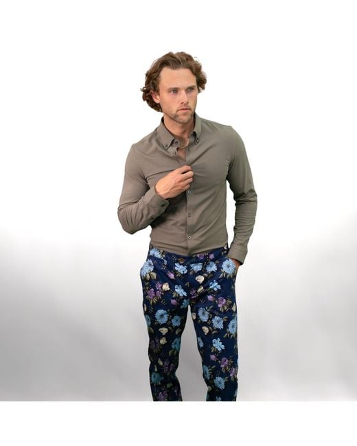 Lords of Harlech Blue Soft Stretch Floral Printed Chinos for men