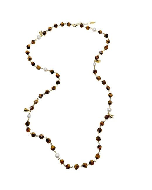 Farra Metallic Tiger Eye With Freshwater Pearls Long Station Necklace