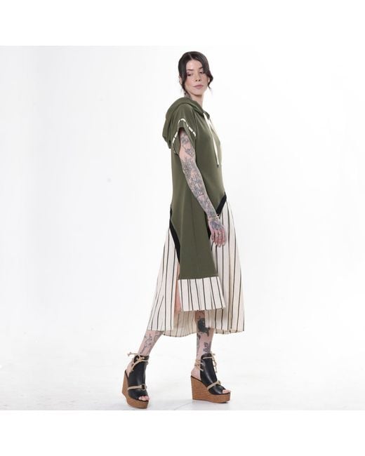Metamorph Green Hooded Asymmetric Dress With Striped Skirt