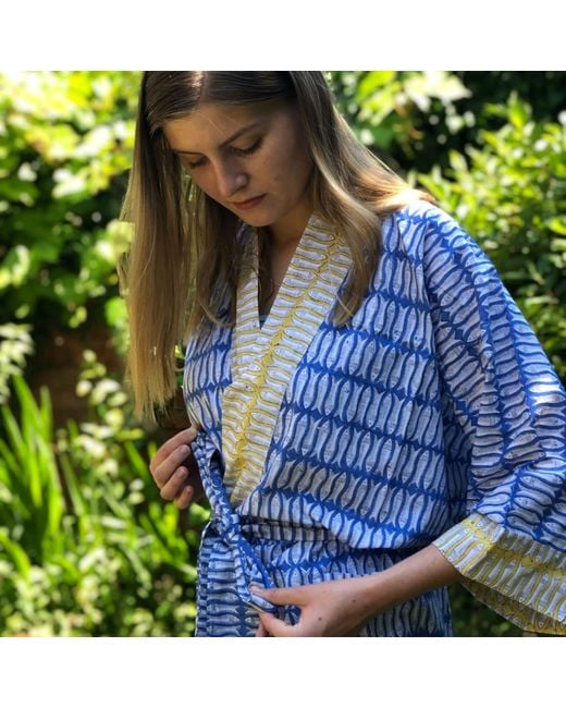 Lime Tree Design Blue Full Length Cotton Kimono Beach Cover Up