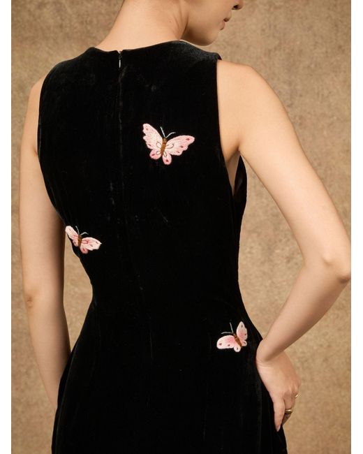 Silk and Bears Black Hand-Embroidered Silk Velvet Maxi Evening Dress — Butterfly — Velvet Atelier