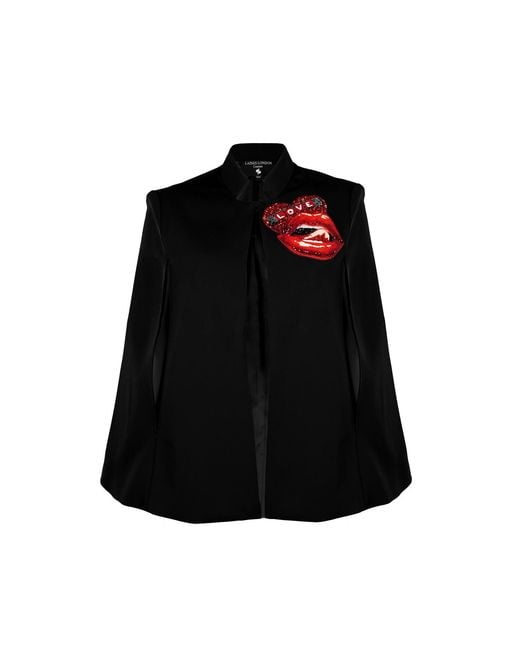 House of Laines London Black Laines Couture Tailored Cape With Embellished Love Lips